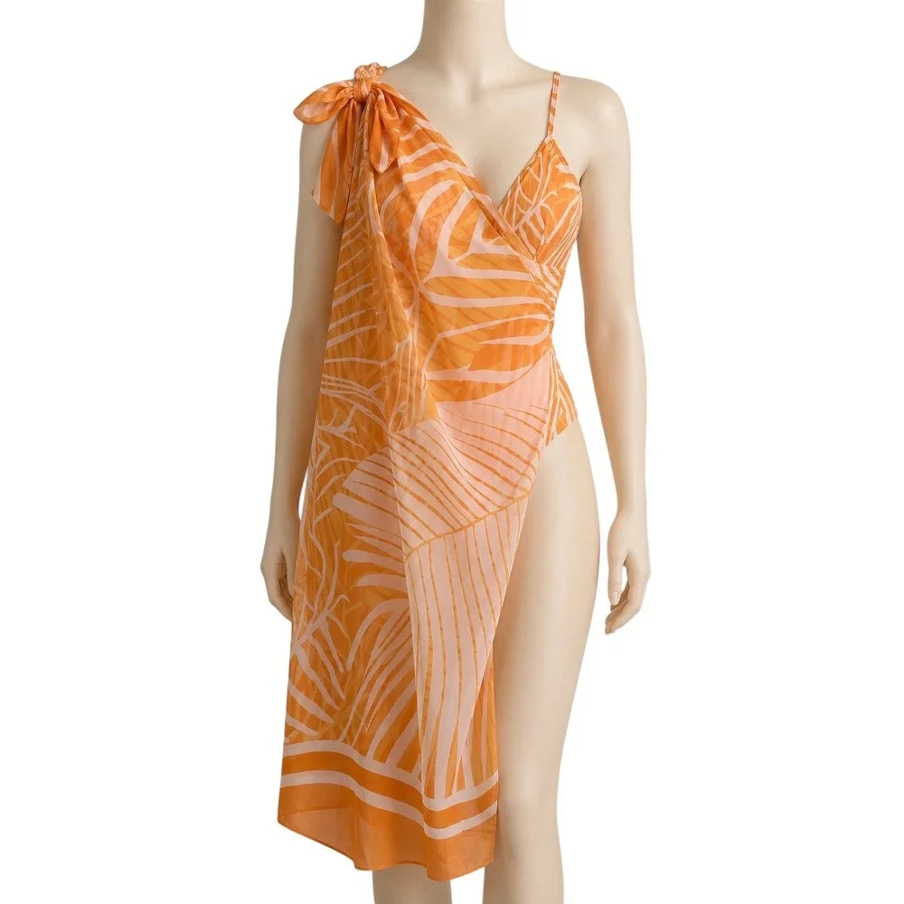 Florentine Swimsuit Set Womens L Orange New Palm Leaf Ruffle One Piece Sarong